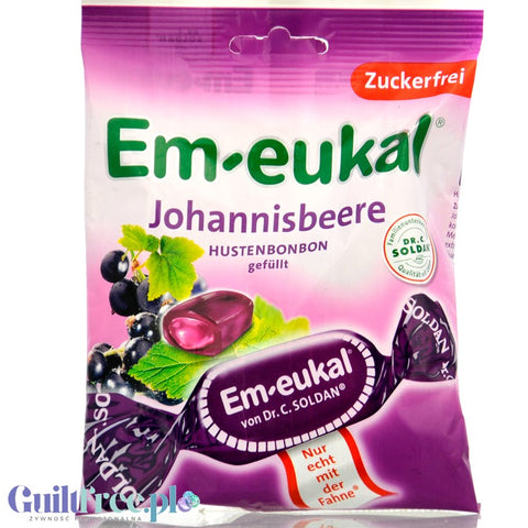 Em-eukal Johannisbeere - nadziewane cukierki bez cukru na kaszel, o smaku czarnej porzeczki