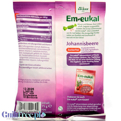 Em-eukal Johannisbeere - nadziewane cukierki bez cukru na kaszel, o smaku czarnej porzeczki
