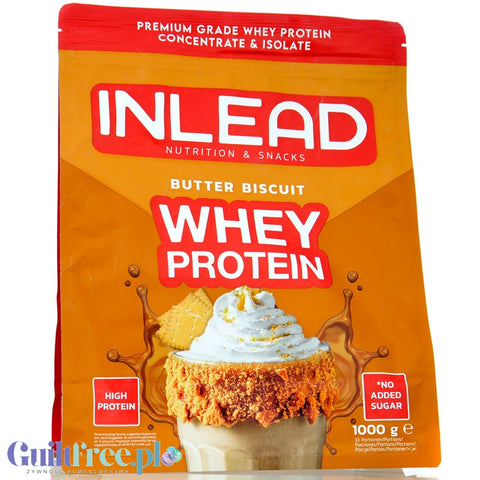 Inlead Whey Protein Butter Biscuit 1kg - WPC WPI protein supplement, Caramelized Biscuit flavor