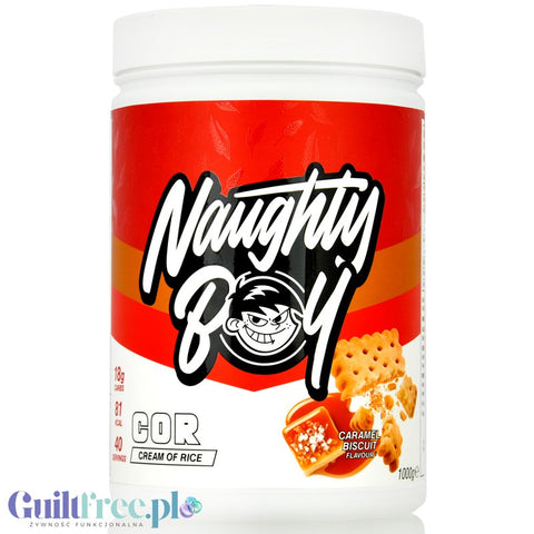Naughty Boy Cream of Rice, Caramel Biscuit 1kg - kleik ryżowy bez cukru, regeneracyjny posiłek treningowy,  Karmelowe ciasteczko