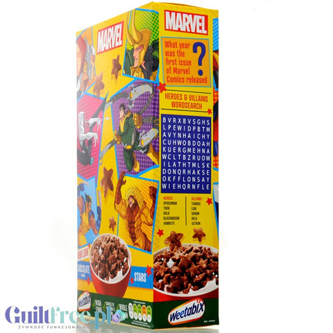 Weetabix Marvel Chocolate Stars - pełnoziarniste płatki śniadaniowe z żelazem i witaminami