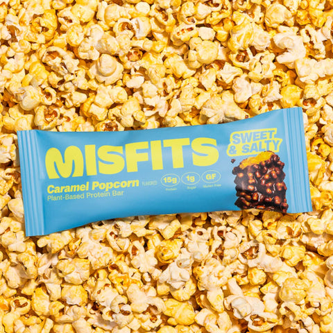 Misfits Protein Bar Caramel Popcorn - vegan protein bar, salted caramel popcorn flavor