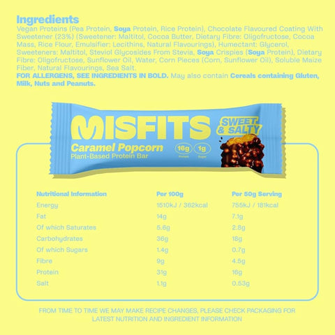 Misfits Protein Bar Caramel Popcorn - vegan protein bar, salted caramel popcorn flavor