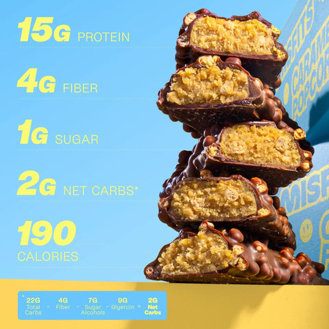 Misfits Protein Bar Caramel Popcorn - vegan protein bar, salted caramel popcorn flavor