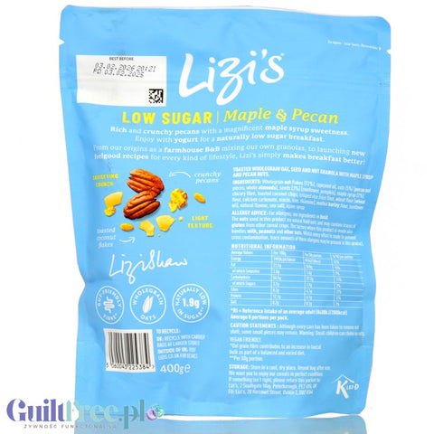 Lizis Low Sugar Maple & Pecan 400g - low sugar granola low GI, Maple Syrup & Pecans