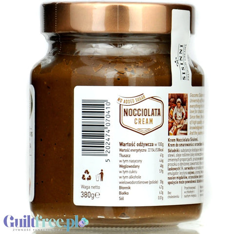 Sisinni Premium Creams Nocciolata Cream Stevia - krem z orzechami laskowymi i kakao, bez cukru, ze stewią