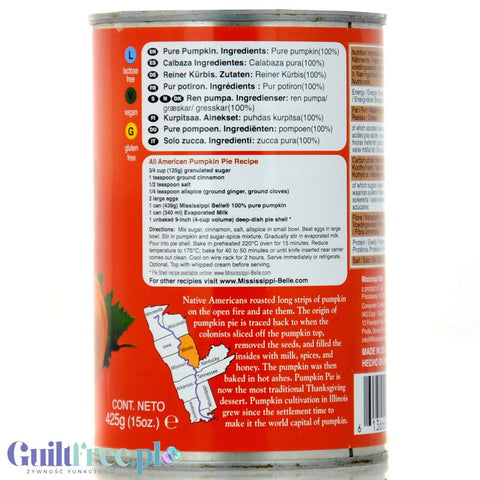Mississippi Belle Pure Pumpkin 100%, 42kcal per 100g pure pumpkin puree without sugar or salt