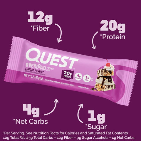 Quest Overload Sundae Funday BOX 12 szt - baton proteinowy bez cukru, 20g białka & 210kcal
