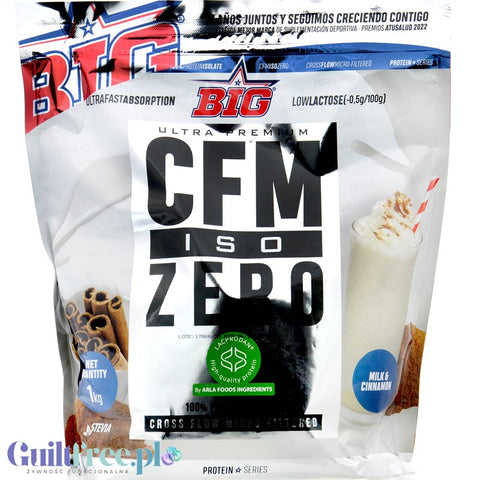BIG® CFM ISO Zero, Milk & Cinnamon 1kg - ekskluzywna odżywka białkowa WPI92 CFM Lacprodan®, smak Mleko z Cynamonem