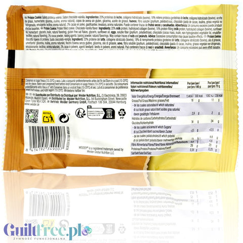 Weider Protein Cookie Chocolate - Vanilla -  wysokobiałkowe czekoladowe ciastko z kawałkami czekolady i waniliowym nadzieniem