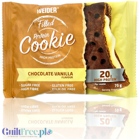 Weider Protein Cookie Chocolate - Vanilla -  wysokobiałkowe czekoladowe ciastko z kawałkami czekolady i waniliowym nadzieniem