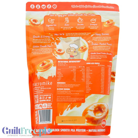 Macro Mike Pea Plant Protein, Vanilla Donut 455g - wegańska turbo kremowa odżywka bez glutenu, mleka i sukralozy