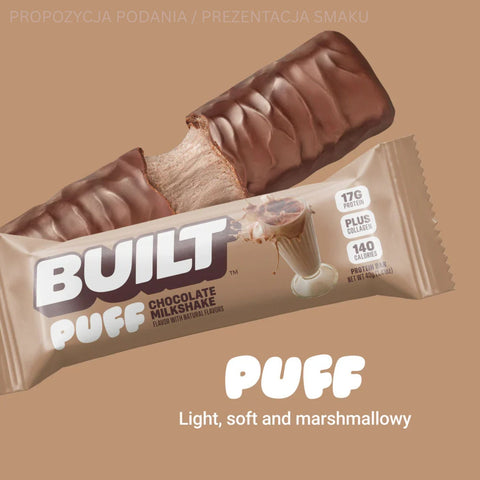 Built Bar Protein Puffs Chocolate Milkshake - proteinowy baton marshmallow w czekoladzie 17g białka & 140kcal