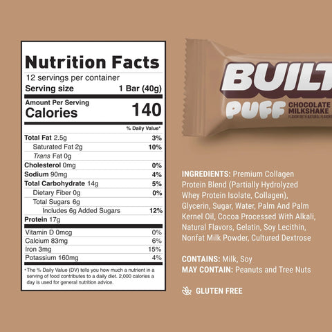 Built Bar Protein Puffs Chocolate Milkshake - proteinowy baton marshmallow w czekoladzie 17g białka & 140kcal