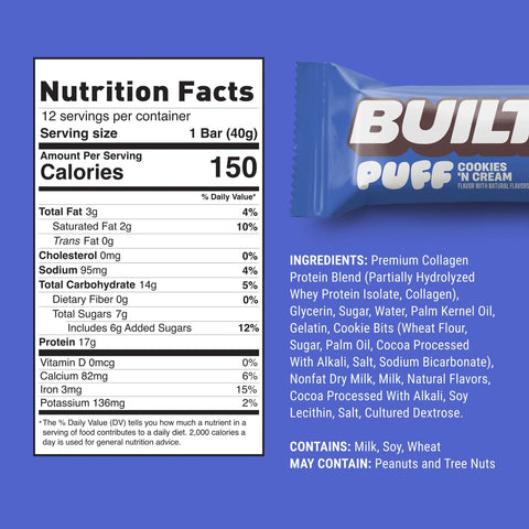 Built Bar Protein Puffs Cookies 'N Cream - proteinowy baton marshmallow w czekoladzie 17g białka & 150kcal