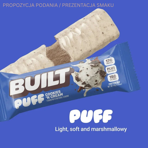 Built Bar Protein Puffs Cookies 'N Cream - proteinowy baton marshmallow w czekoladzie 17g białka & 150kcal