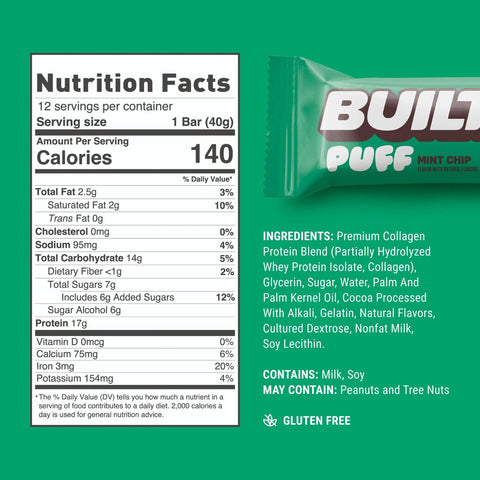 Built Bar Protein Puffs Mint Chip - proteinowy baton marshmallow w czekoladzie 17g białka & 140kcal
