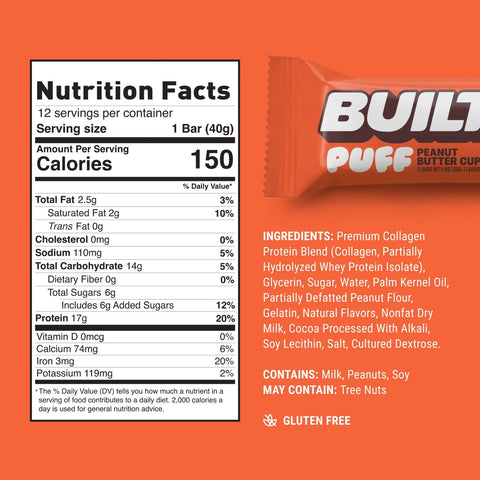 Built Bar Protein Puffs Peanut Butter Cup - proteinowy baton marshmallow w czekoladzie 17g białka & 140kcal