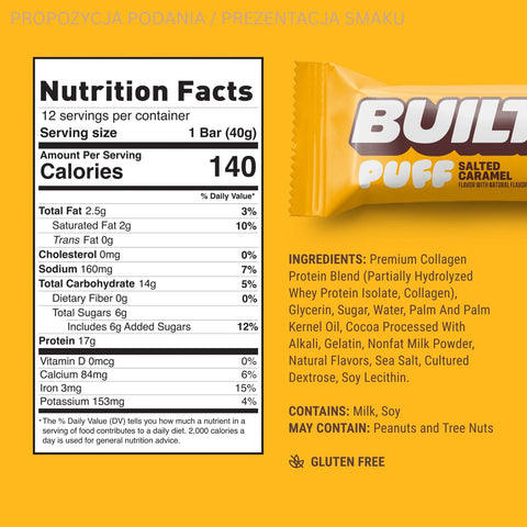 Built Bar Protein Puffs Salted Caramel - proteinowy baton marshmallow w czekoladzie 17g białka & 140kcal