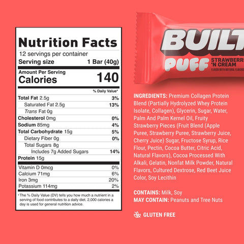 Built Bar Protein Puffs Strawberries 'N Cream - proteinowy baton marshmallow w czekoladzie 17g białka & 140kcal