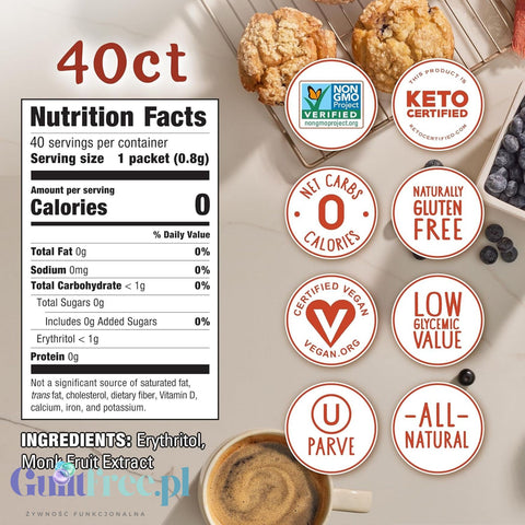 Monk Fruit in the Raw 40 saszetek - naturalny keto słodzik zero kcal, substytut cukru 1:1