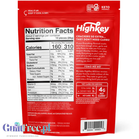 HighKey Snacks Almond Crackers Everything Spice - keto krakersy migdałowe bez glutenu 14g białka & 4g węgli