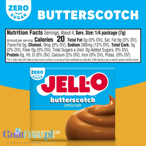 JellO Buttercotch Pudding Zero Sugar - Budyń Zero cukru & tłuszczu instant, smak Ciasteczkowy Herbatnikowy