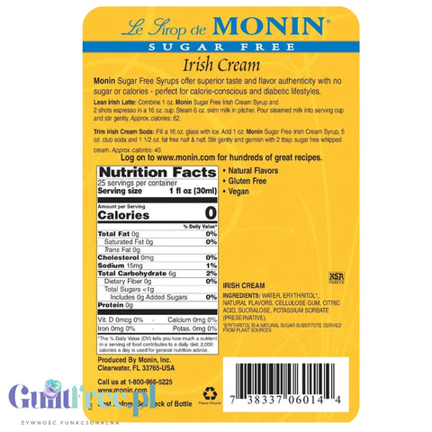 Monin Sugar Free Irish Cream Syrup, 0,75L USA - sugar and calorie free syrup for coffee, raspberry flavor
