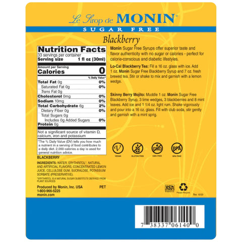 Monin Sugar Free Blackberry Syrup, 1L USA - sugar and calorie free syrup for coffee, blackberry flavor