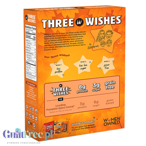 Three Wishes Grain Free Cereal, Pumpkin Spice - niskowęglowodanowe płatki śniadaniowe bez glutenu, z monk fruit