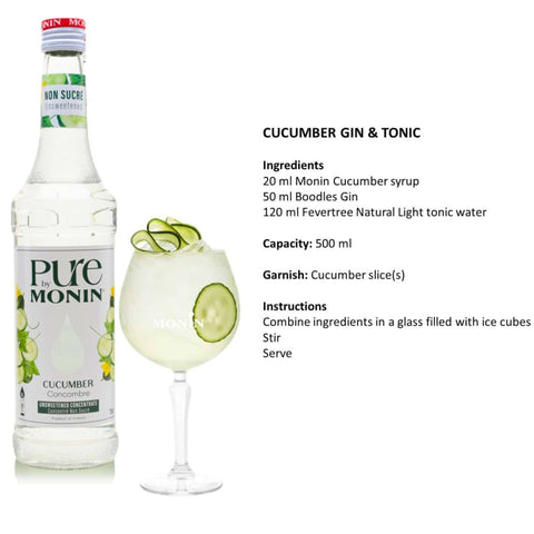 Monin Pure Non Sucré Cucumber - unsweetened concentrate syrup without sugar or sweeteners with natural flavors