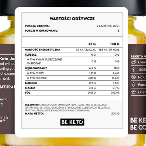 BeKeto Jam Mango & Passion Fruit - Keto Dżem™ Mango z Marakują 87kcal z erytrolem i ksylitolem