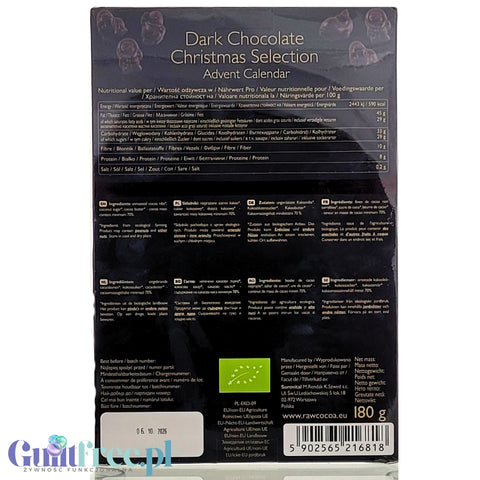 RAW COCOA Dark Chocolate Advent Calendar - vegan advent calendar made of raw chocolate 70% cacao