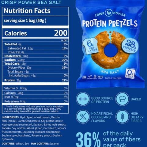 Crisp Power Protein Pretzels Sea Salt - keto protein pretzels salted, 28g protein & 200kcal