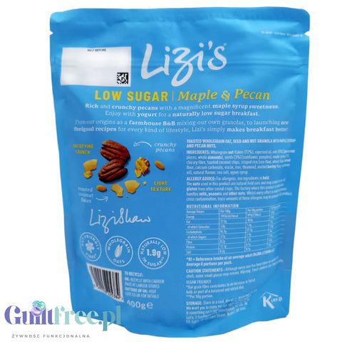 Lizis Low Sugar Maple & Pecan 400g - low sugar granola low GI, Maple Syrup & Pecans