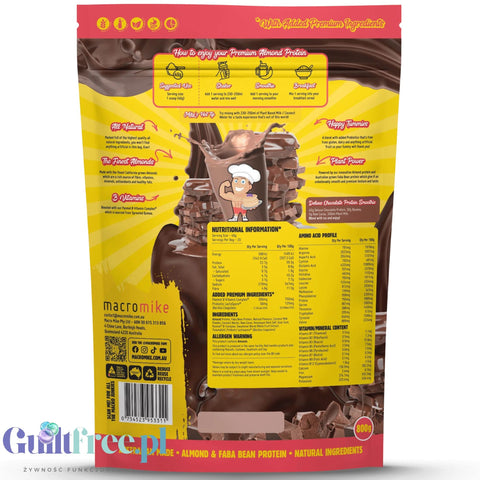 Macro Mike Almond Plant Protein, DeLuxe Chocolate - vegan almond protein supplement without gluten, milk or sucralose