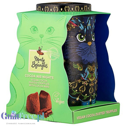 Monty Bojangles Cocoa Nib Nights Truffles VEGAN (CHET MEAL) obłędne luksusowe praliny w zjawiskowej kociej puszce