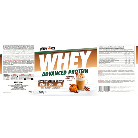 Per4m Whey Advanced Protein Pumpkin Spiced Latte 900g - a nutrient dense protein supplement WPC, WPI & MPC.