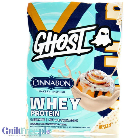 Ghost 100% Whey Cinnabon 34g, saszetka - odżywka białkowa z WPI, WPH i kompleksem enzymów, smak Bułeczka Cynamonowa