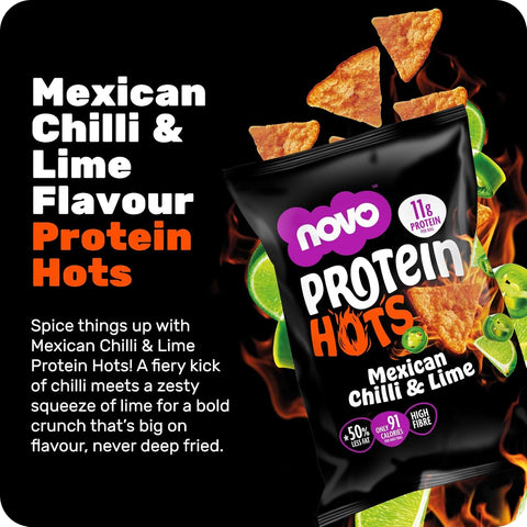 Novo Foods Protein Hots Mexican Chilli & Lime - spicy protein crisps with Chili & Lime flavor 50% less fat