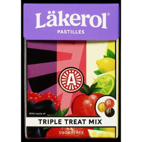 Läkerol Triple Treat Mix 75g - Scandinavian vegan sugar-free strawberry-flavored licorice.