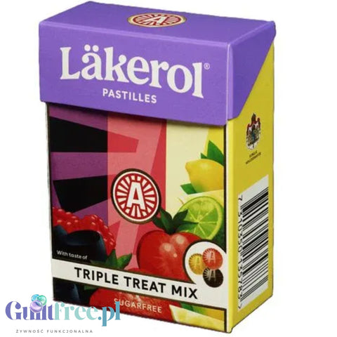 Läkerol Triple Treat Mix 75g - Scandinavian vegan sugar-free strawberry-flavored licorice.
