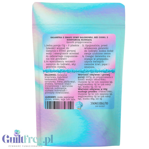 Funky Jelly Bubble Gum x 15 porcji - błękitna galaretka bez cukru, smak Guma Balonowa