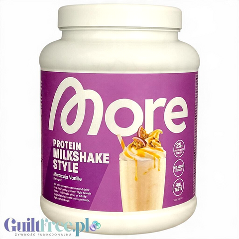 Guiltfree More Nutrition Protein Milkshake o smaku marakui i wanilii w dużym opakowaniu z grafiką szejka