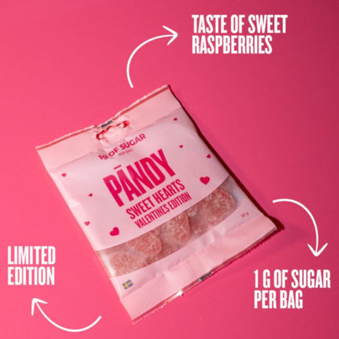 Pandy Candy Sweet Hearts Valentines Edition - sugar-free raspberry fiber jelly hearts with 45% fewer calories