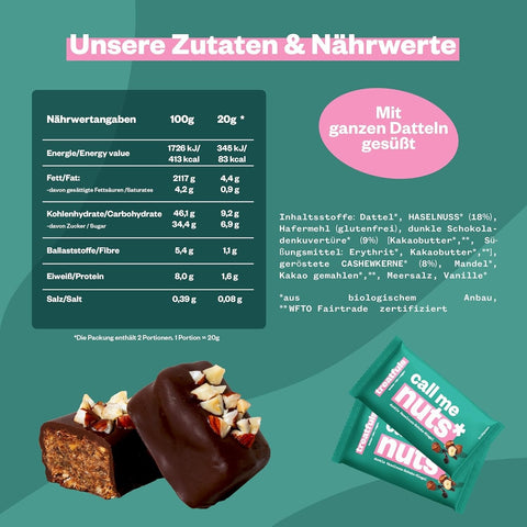 Treatfuls Call Me Nuts wegański organiczny baton z orzechów laskowych i nerkowca z gorzką czekoladą