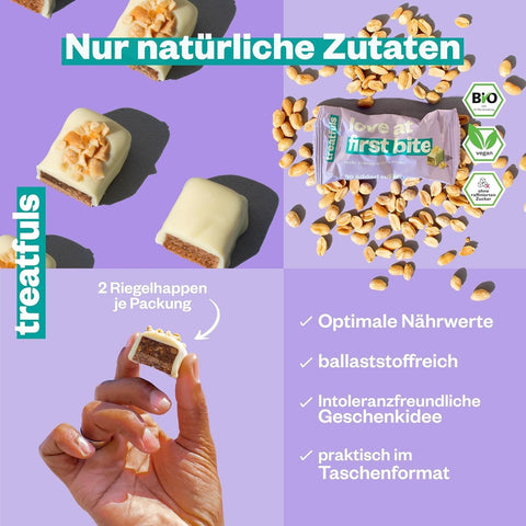 Treatfuls Love At First Bite - wegański organiczny batonik z orzechami ziemnymi w białej czekoladzie bez dodatku cukru