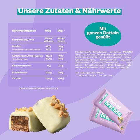Treatfuls Love At First Bite - wegański organiczny batonik z orzechami ziemnymi w białej czekoladzie bez dodatku cukru