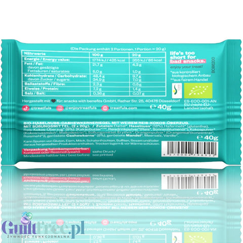 Treatfuls Healthier Than Your Last Relationship - vegan organic bar with hazelnuts and white coating with xylitol