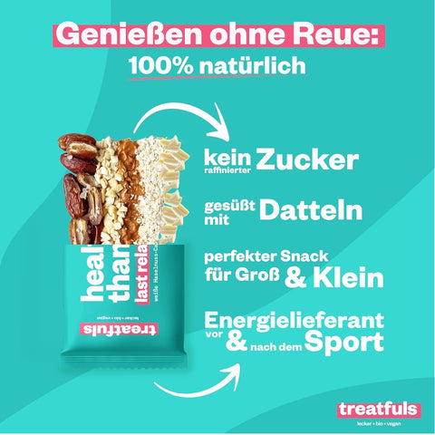 Treatfuls Healthier Than Your Last Relationship - vegan organic bar with hazelnuts and white coating with xylitol